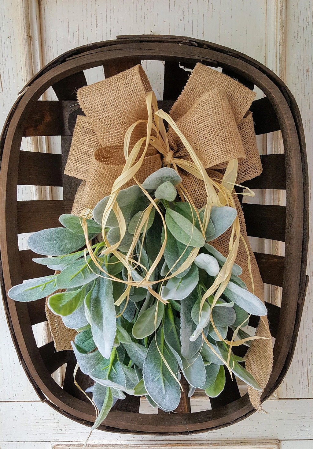 Tobacco Basket Lambs Ear, Tobacco Baskets, Farmhouse decor, fixer upper, gifts for her, fall decor, front door wreath, wall decor
