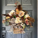 Fall Feather Grapevine Front Door Basket with Leopard Print Bow