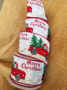 Vintage Red Truck With Christmas Tree Wired Ribbon 2.5" X 10 Yards. Ribbon and Bows - Farmhouse Florals