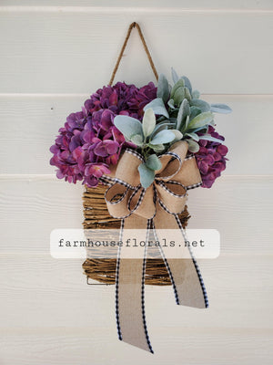 Purple Hydrangea Lambs Ear Door Hanger Basket