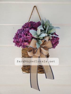 Purple Hydrangea Lambs Ear Door Hanger Basket