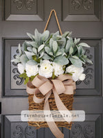 Beautiful White Ranunculus \  Lambs Ear Door Hanger Basket