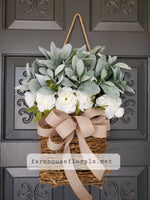 Beautiful White Ranunculus \  Lambs Ear Door Hanger Basket
