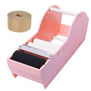 QILIMA Desktop Pink Water Activated Tape Dispenser with Reinforced Kraft Paper Gum Tape 1.88In x 55 Yards for Shipping, Carton and Box Sealing