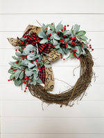 Buffalo Plaid Farmhouse Lambs Ear Christmas Wreath