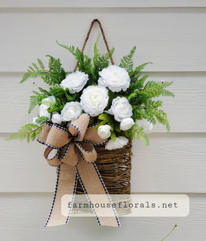 Beautiful White Ranunculus \ Fern Door Hanger Basket