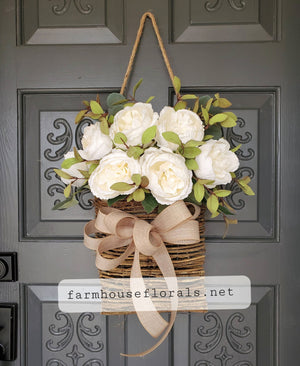 Beautiful White Cabbage Rose Door Hanger Basket