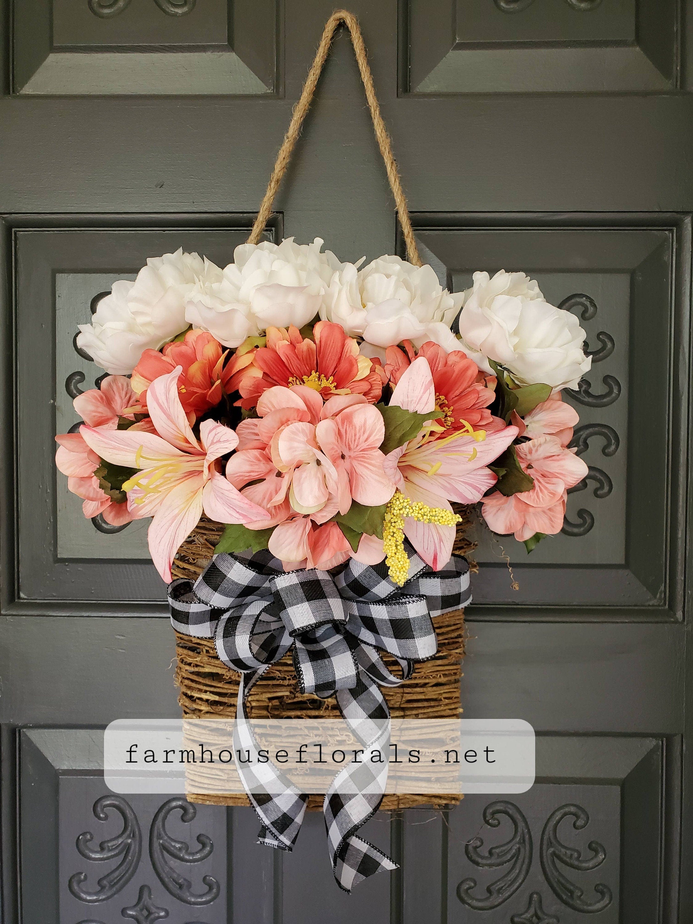 Beautiful Peach & White Hydrangea, Peony, Lily, Zinnia Front Door Basket